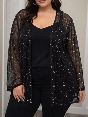 Initiatives Plus Size Sheer Black Cardigan Gold Foil Dot Open Front Lightweight